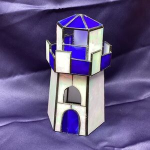 Stained Glass Lighthouse Accent in Blue and White